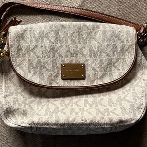 Michael Kors Cream and Brown Logo Canvas Crossbody with Gold Plaque